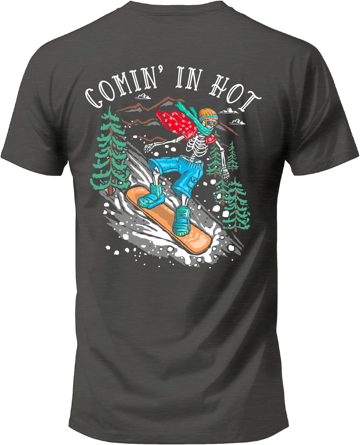 Salty Bones Comin’ in Hot Mountain Snowboarding Winter Ski Graphic T-Shirt, Classic Fit, Printed in USA - Dark Heather