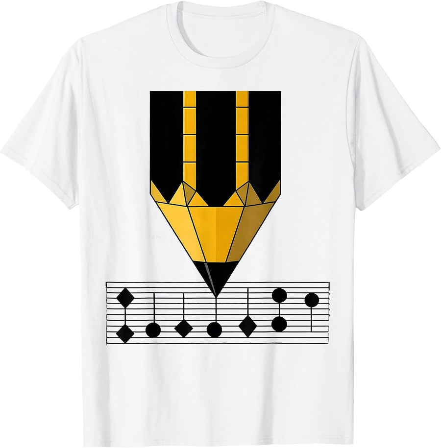 Men's Music Teacher Pencil Writing Notes on Staff Paper T-Shirt - White
