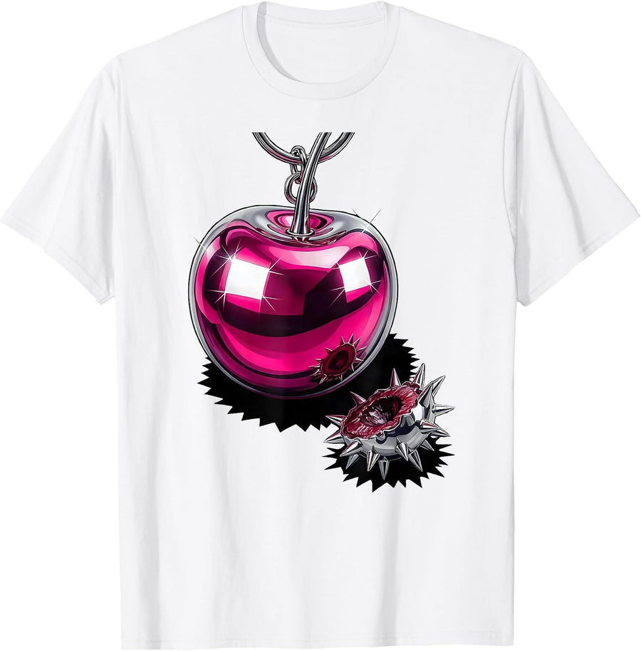Men's Oversized Cherry Keychain Vaporwave Y2K Goth Alt T-Shirt - White
