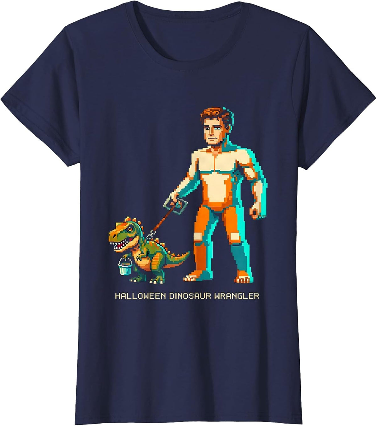 Women's Halloween Dinosaur Wrangler Funny Costume Pixel Art Family T-Shirt - Navy Blue