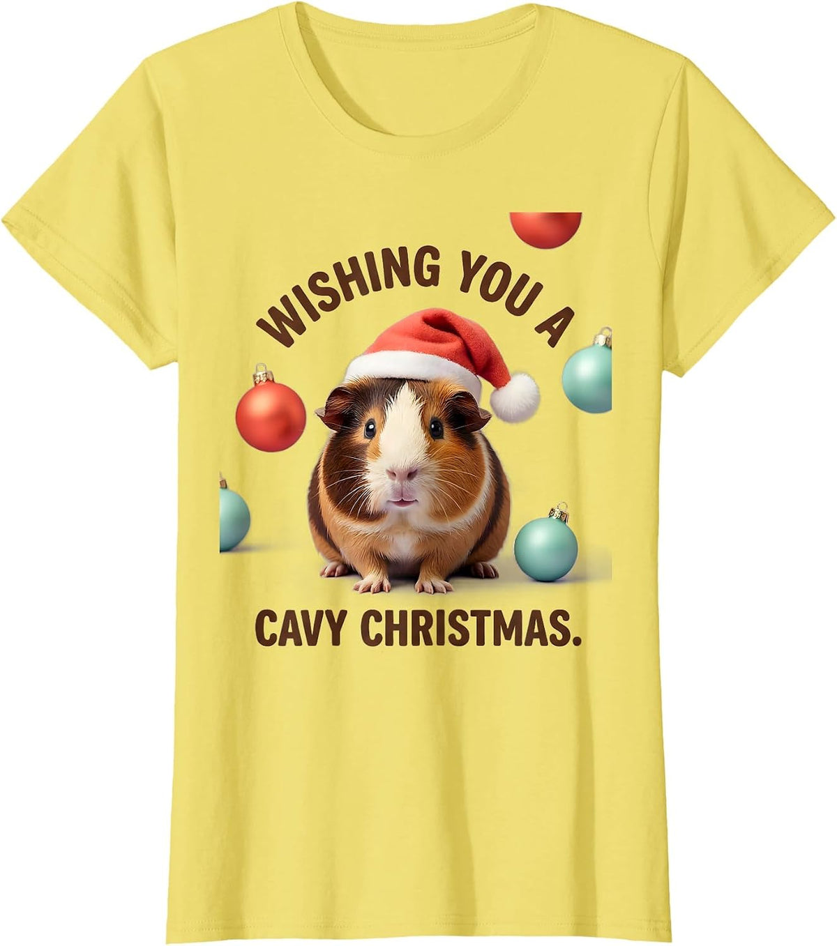 Women's Wishing You A Cavy Christmas Cute Kawaii Guinea Pig Santa T-Shirt - Lemon Yellow
