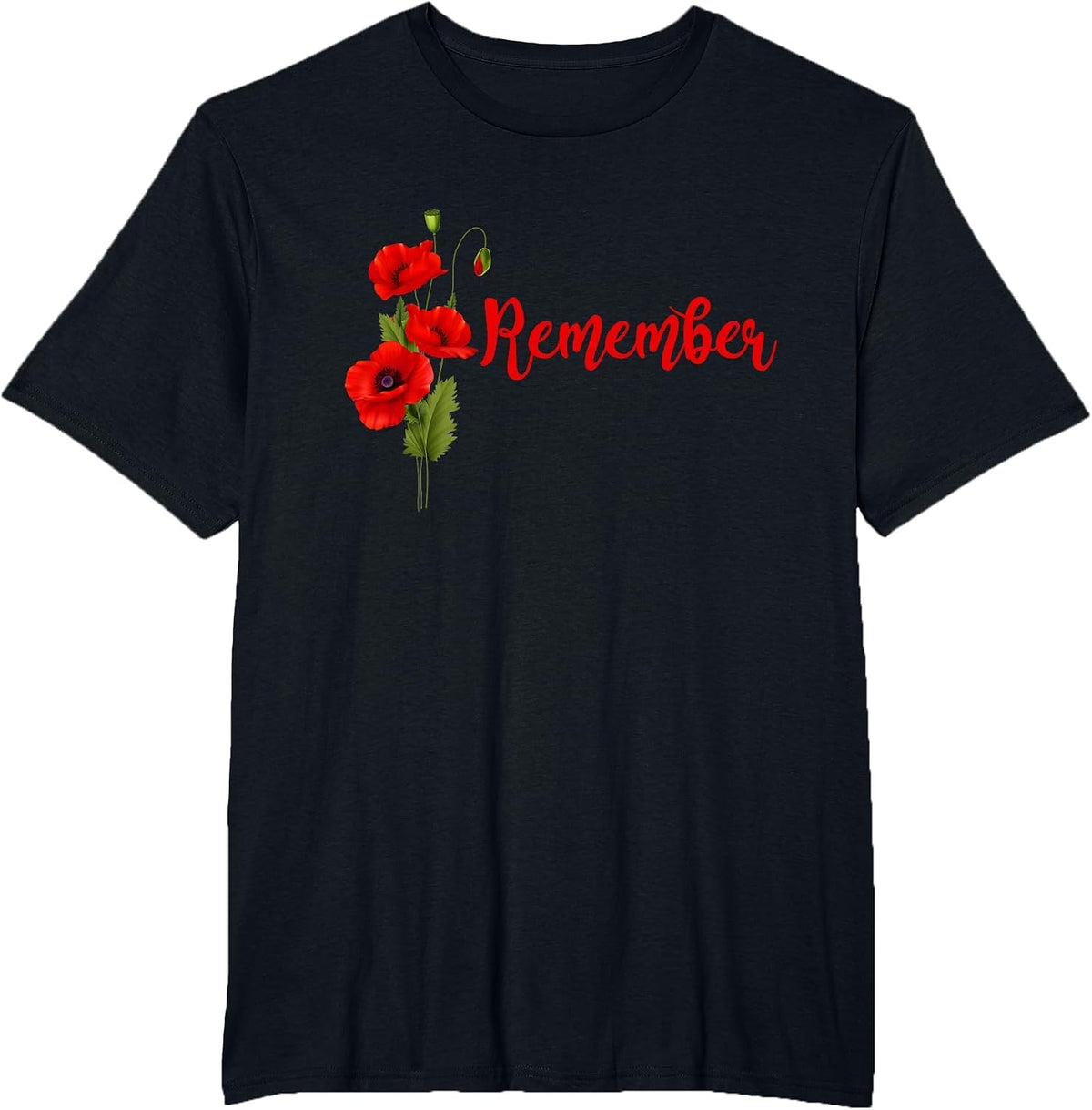 Veterans Day Red Poppy Flower USA Memorial RED Remember T-Shirt - Black