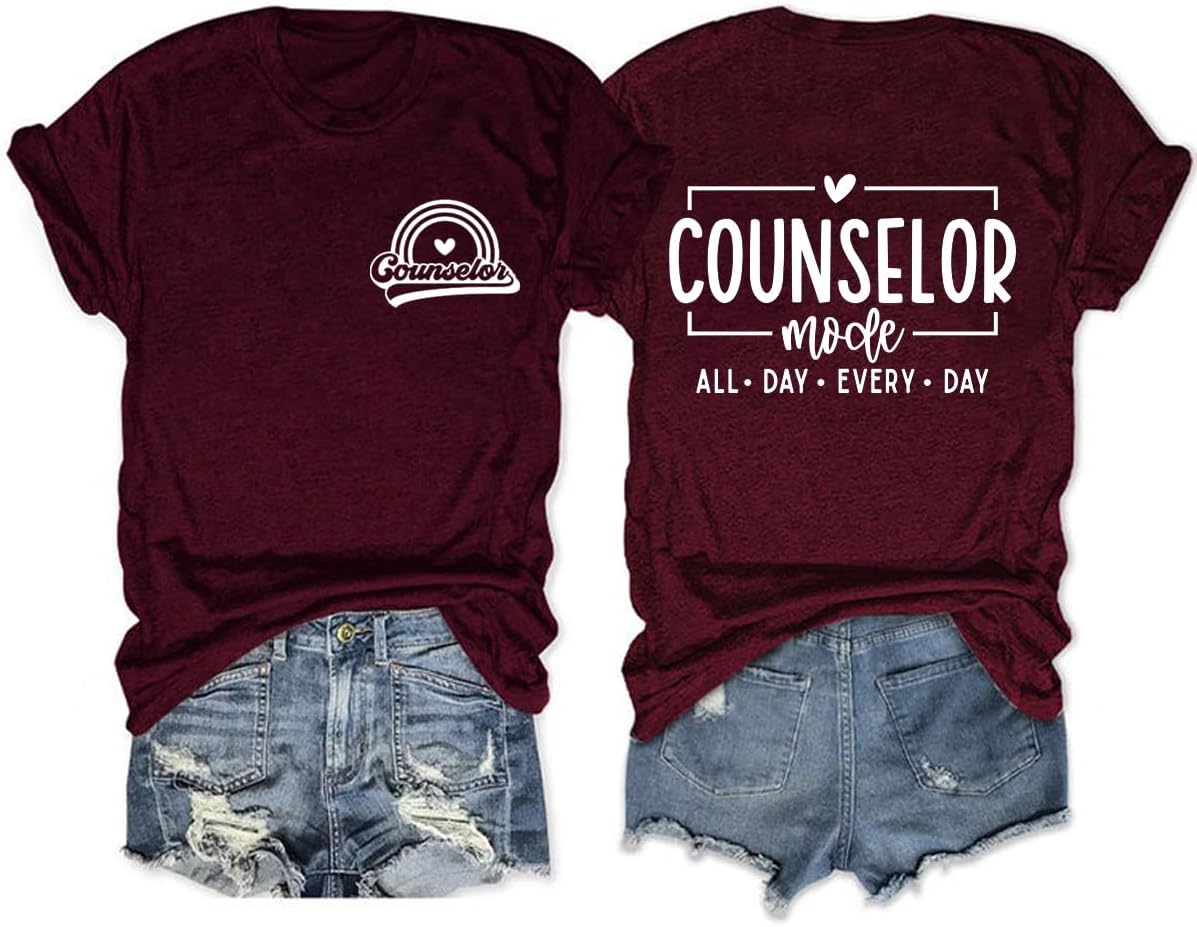 Women's Counselor Mode Shirt School Counselor Gift Letter Printed Summer Graphic Tee Short Sleeve Casual Tops - Wine Red