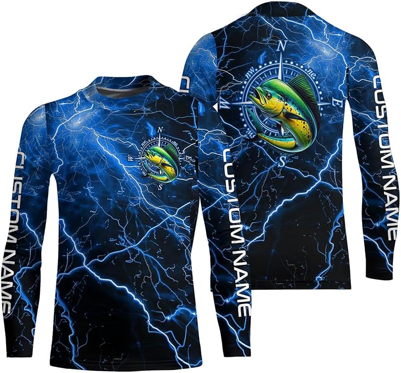 Black and Blue Thunder Lightning Mahi Mahi Fishing Custom Long Sleeve Saltwater Fishing Shirts - Kid Long Sleeves Upf
