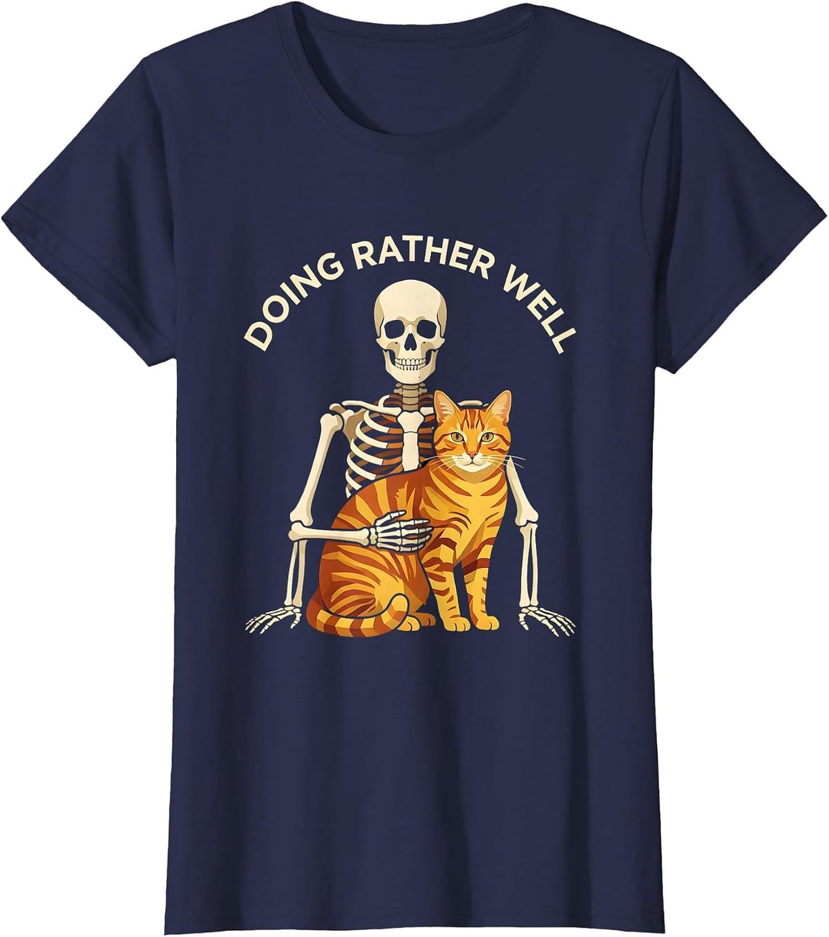 Women's Doing Rather Well Geometric Skeleton Hugging Cat Halloween T-Shirt - Navy Blue