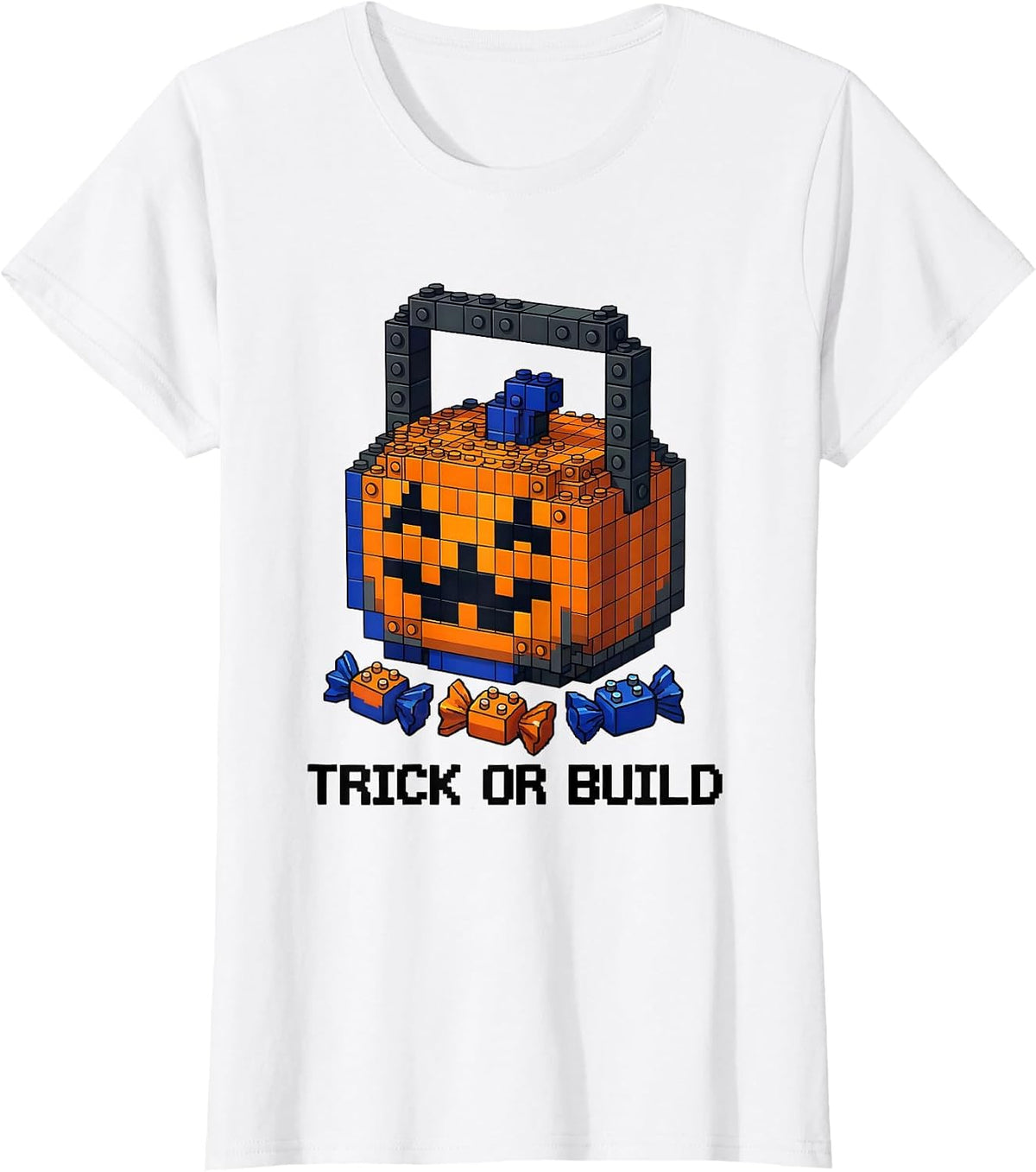 Women's Trick Or Build Pixel Art Halloween Building Blocks Costume T-Shirt - White