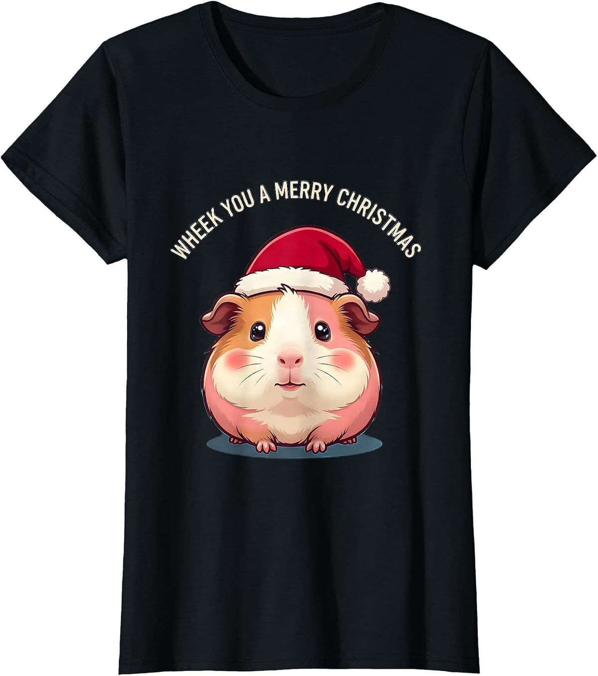 Wheek You A Merry Christmas Cute Kawaii Guinea Pig Santa Hat T-Shirt - Black
