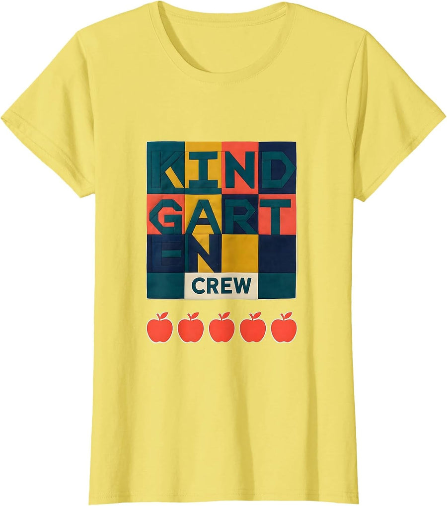 Kindergarten Crew Quilt Patchwork Teacher Student Back T-Shirt - Lemon Yellow
