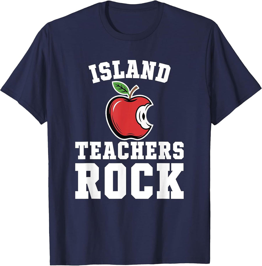 Island Teachers Rock! Retro School Support Teaching T-Shirt - Navy Blue