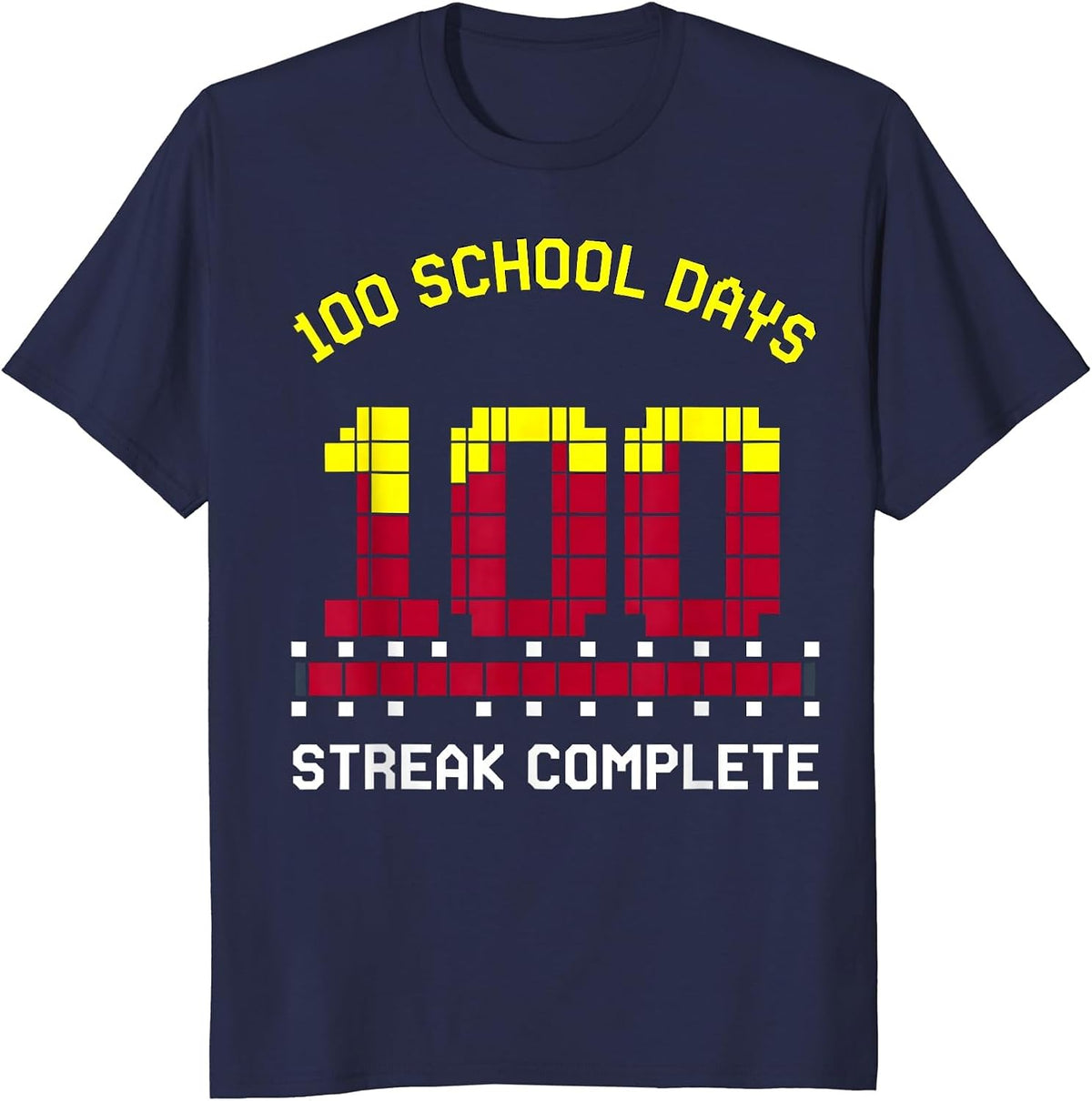 100 School Days Streak Complete Pixel Art Gamer School T-Shirt - Navy Blue