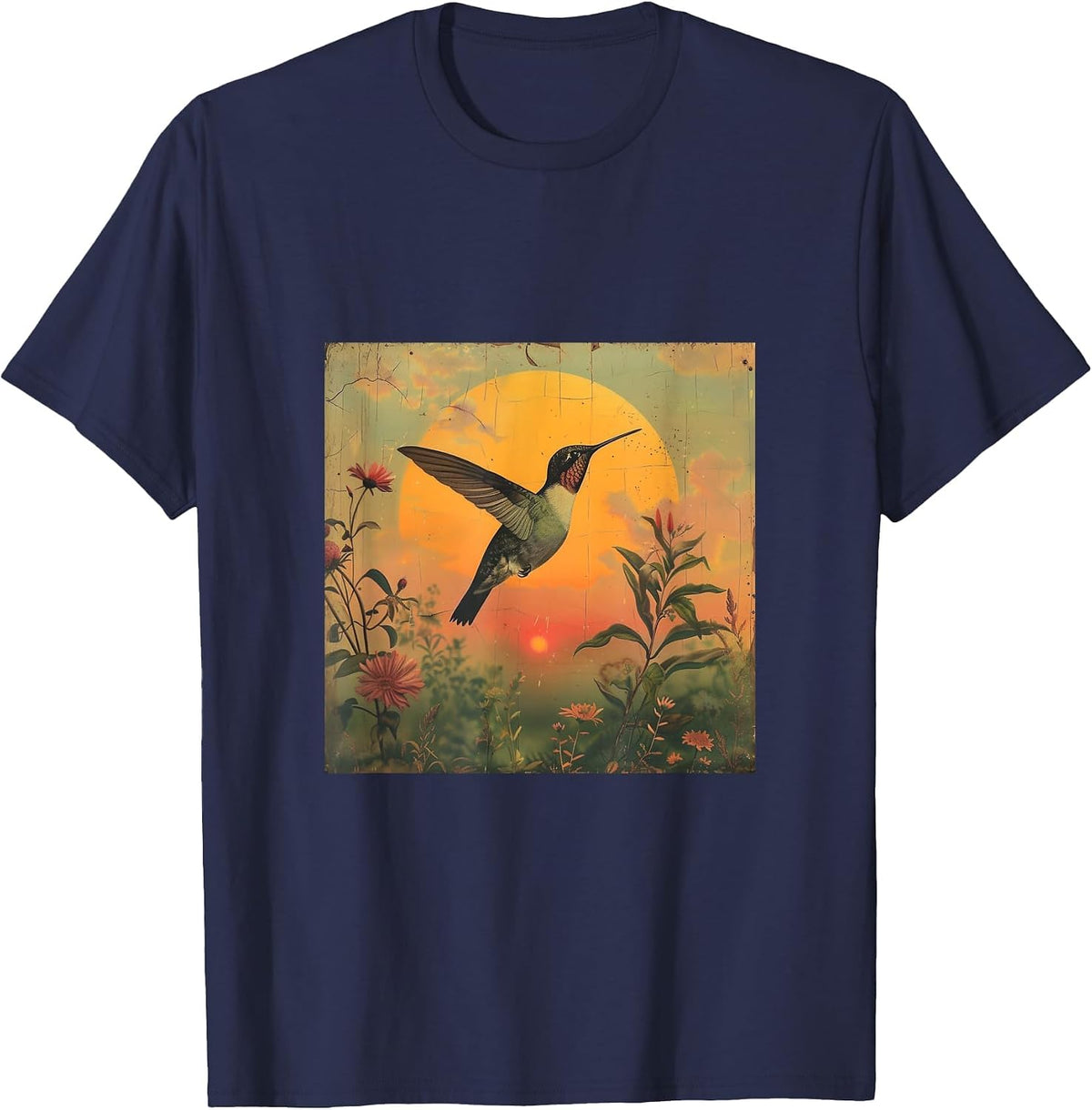 Vintage Sunset Hummingbird T-Shirt - Navy Blue