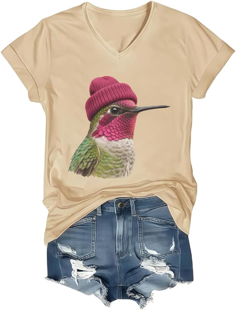 Anna’s Hummingbird Wearing Beanie Shirt Hummingbird Lovers T-Shirt - V-Neck Khaki