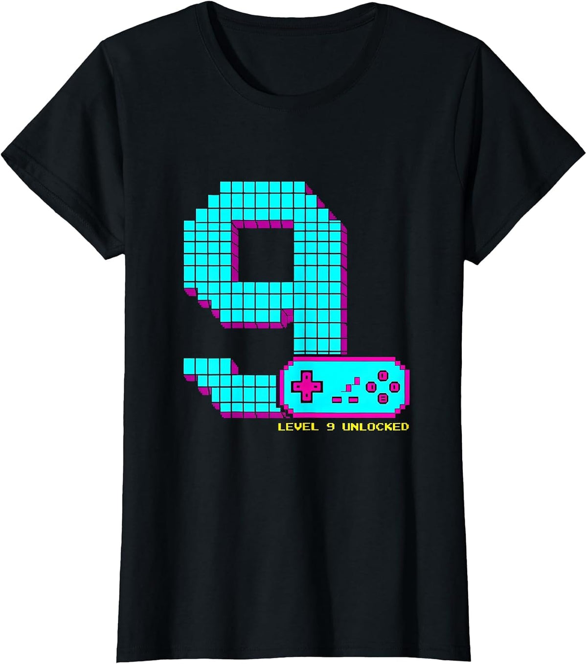 Level 9 Unlocked Pixel Art Gamer Birthday Gift T-Shirt - Black