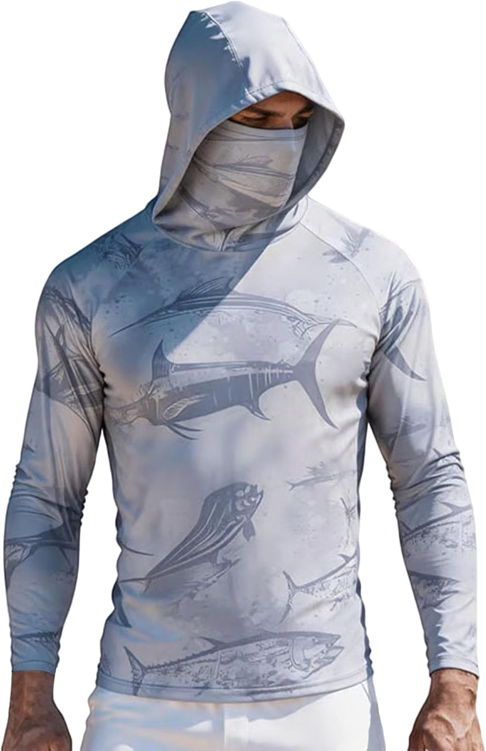 HJINGSUN Fishing Shirt with Hood for Men Fish Print Long Sleeve Shirt UPF 50+ UV Sun Protection SPF Tops for Workout Hiking