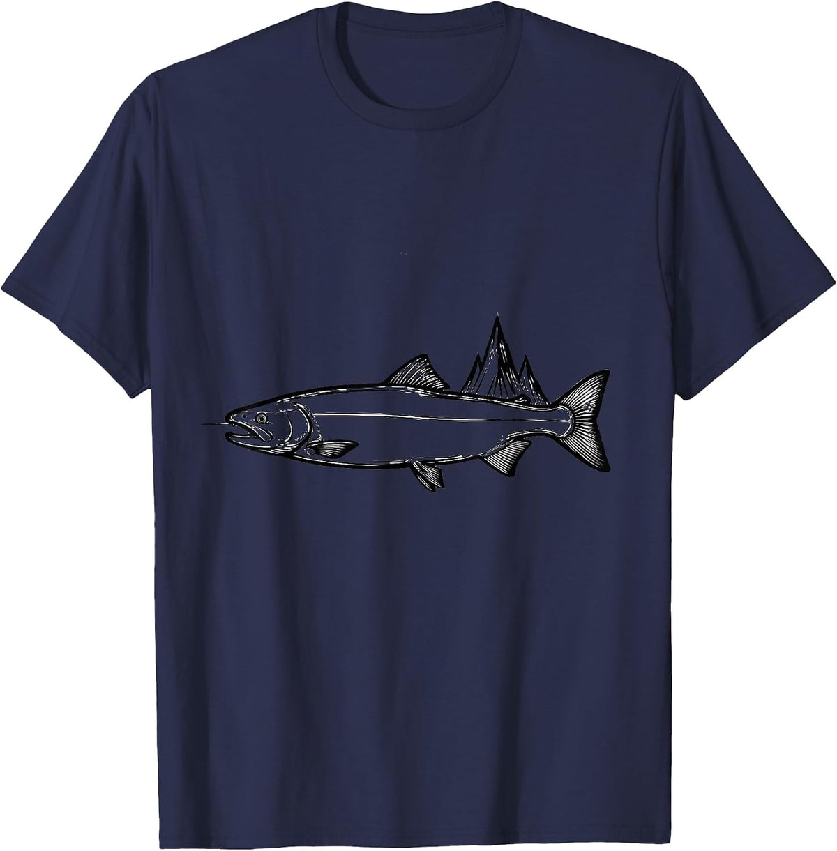 Atlantic Salmon Pulse Line Art Fishing Angler Gift T-Shirt - Navy Blue