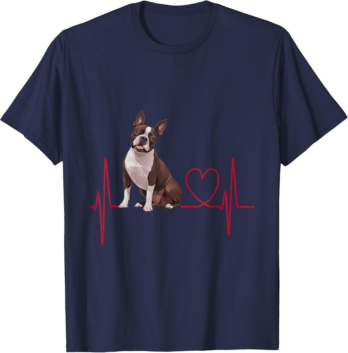 Heartbeat Boston Terrier Dog T-Shirt - Navy Blue