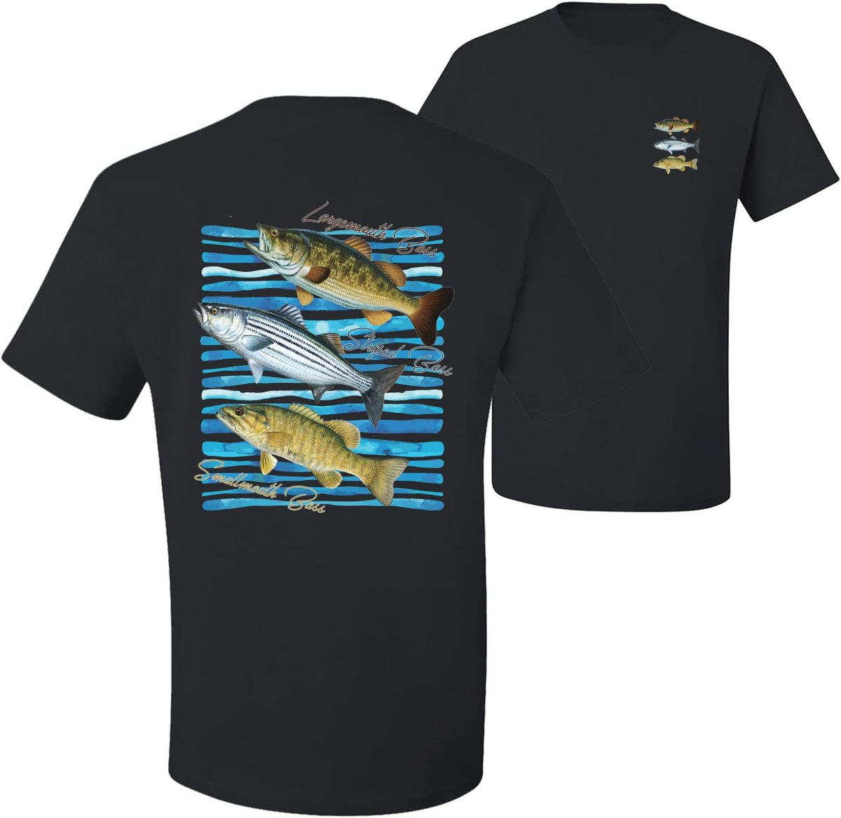 Largemouth Striped Smallmouth Big Bass Fish Fishing Front and Back Men's T-Shirt - Black