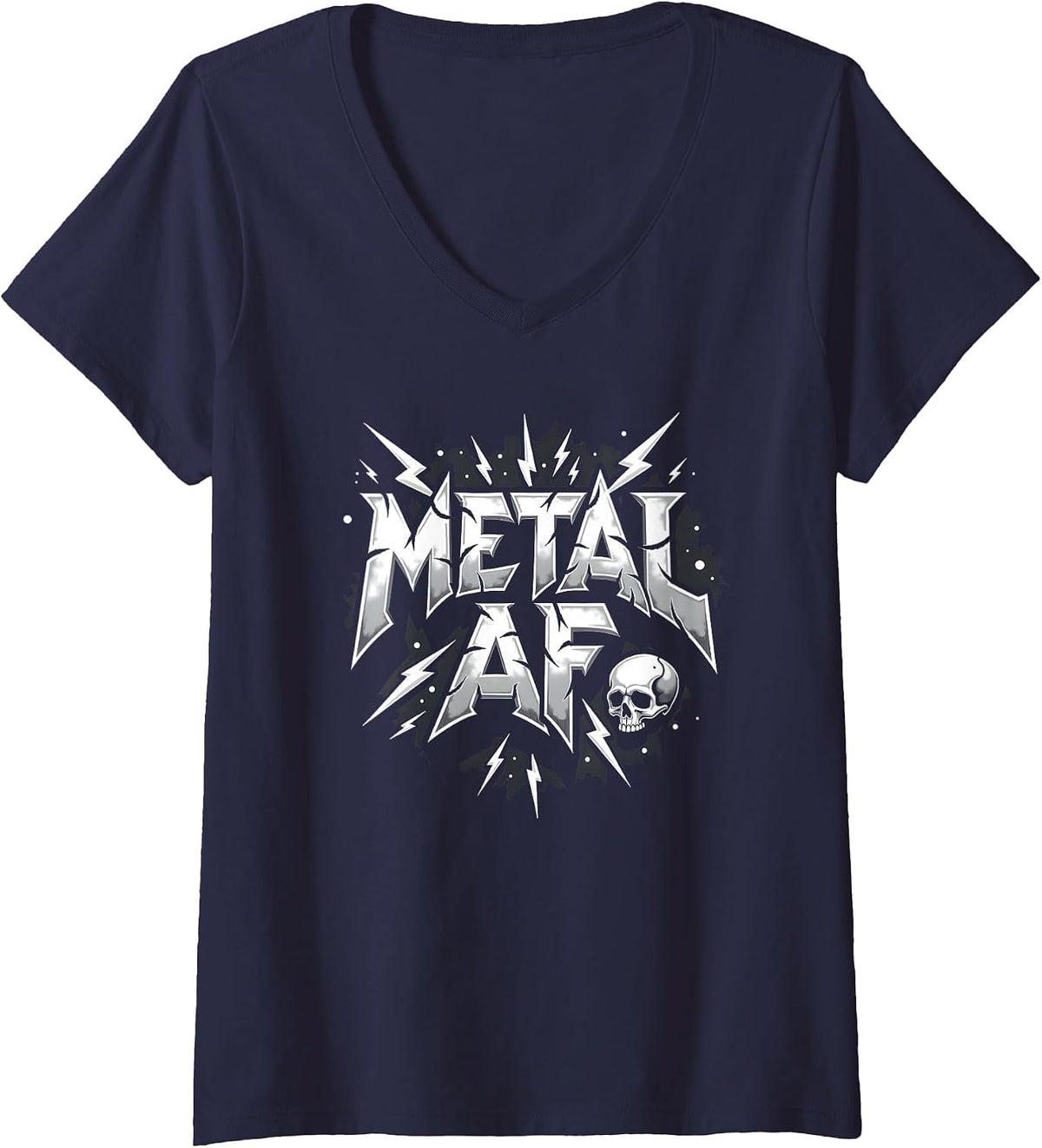 Women's Metal AF Heavy Metal Thunder Skull Rock Rockstar Fan V-Neck T-Shirt - Navy Blue