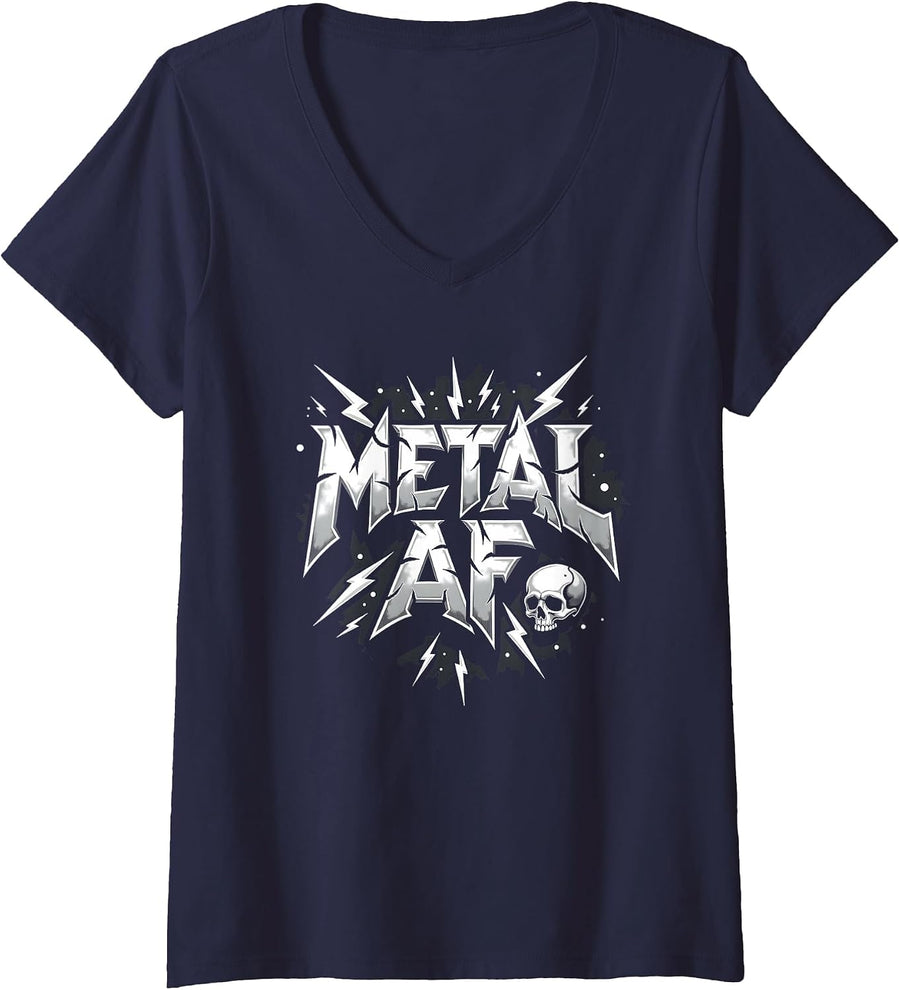 Women's Metal AF Heavy Metal Thunder Skull Rock Rockstar Fan V-Neck T-Shirt - Navy Blue