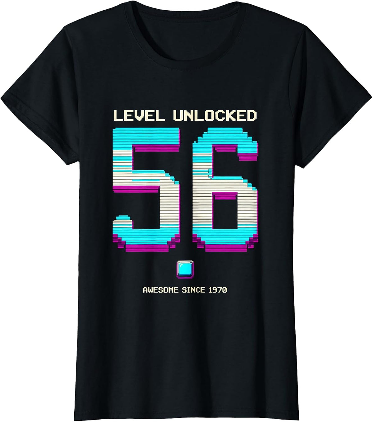 Level 56 Unlocked Awesome Since 1970 Pixel Art Gamer T-Shirt - Black