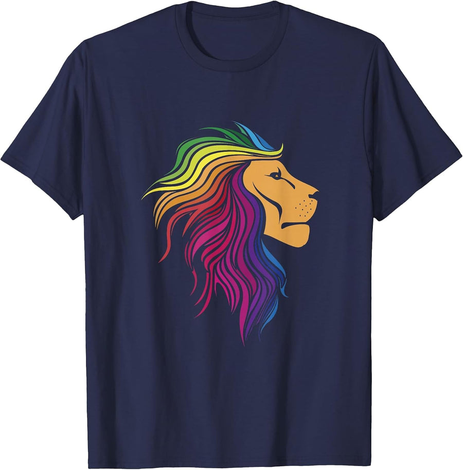 Rainbow Lion | Rainbow Lesbian Funny Pride Month T-Shirt - Navy Blue