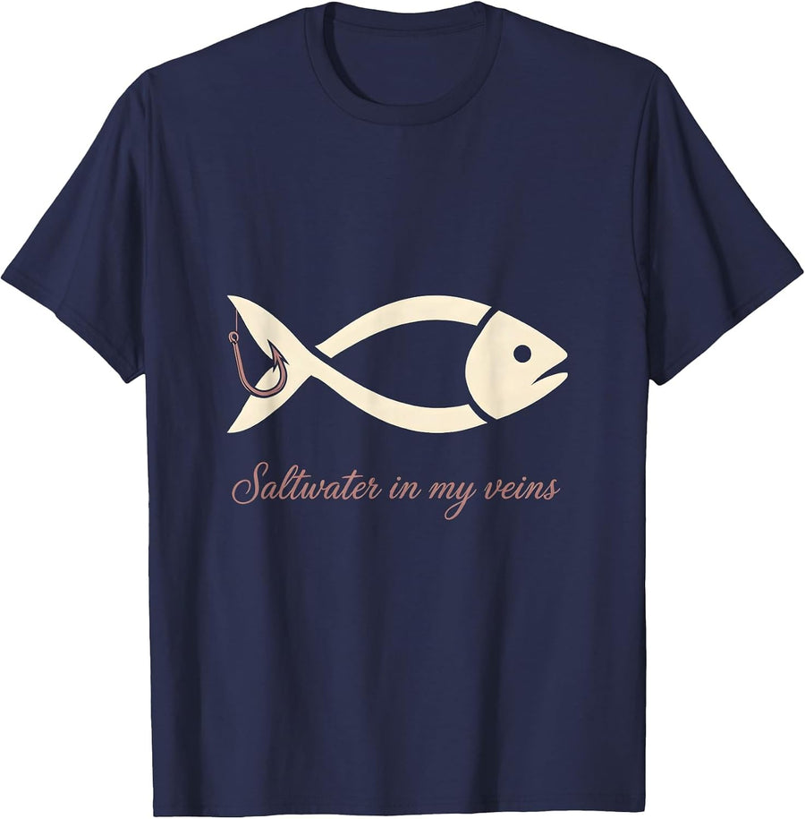 Saltwater In My Veins Fishing Design T-Shirt - Navy Blue
