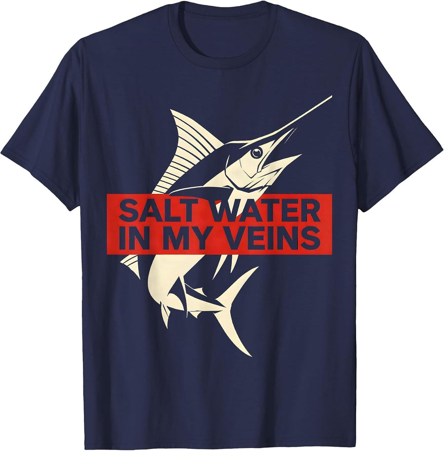 Salt Water In My Veins Ocean Fish Design T-Shirt - Navy Blue