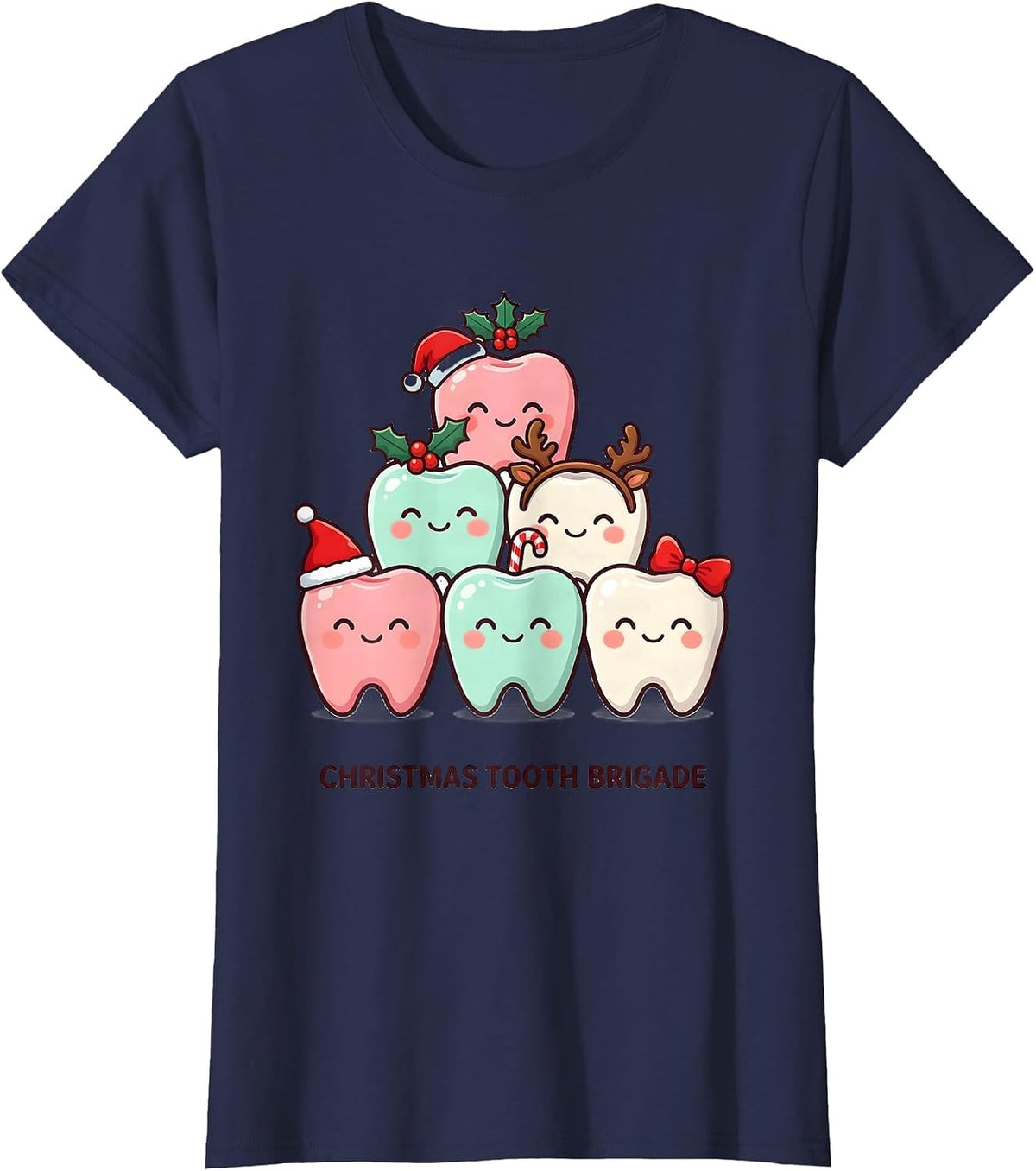 Women's Christmas Tooth Brigade Cute Kawaii Dental Team Christmas T-Shirt - Navy Blue