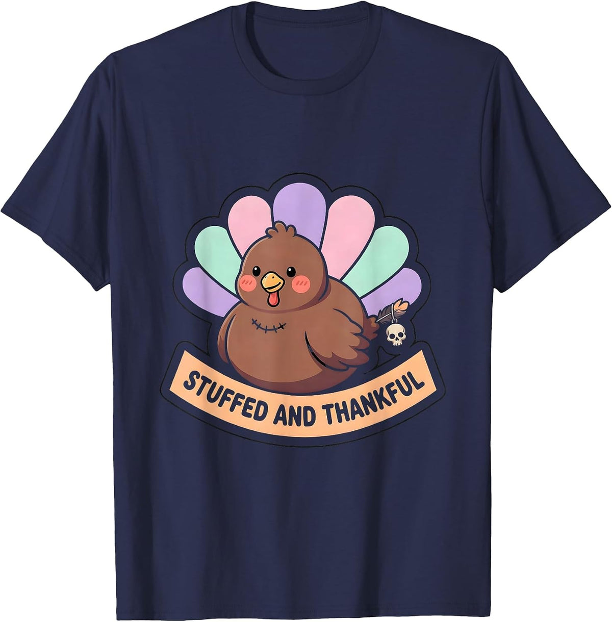 Stuffed and Thankful Thanksgiving Design T-Shirt - Navy Blue