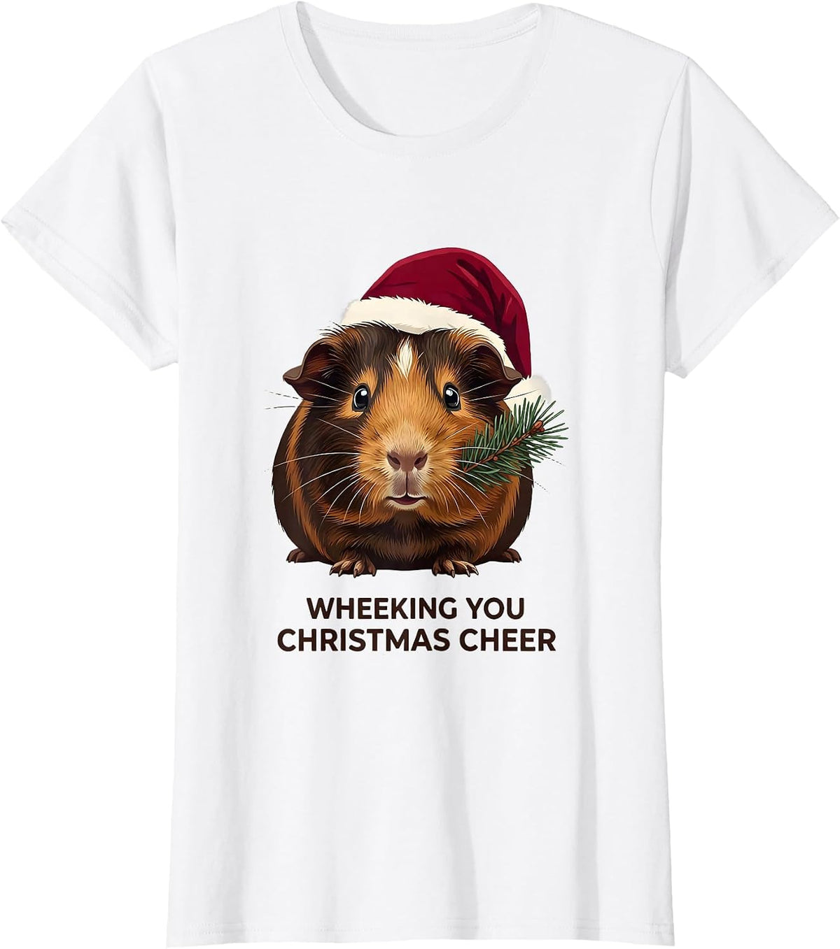 Women's Wheeking You Christmas Cheer Funny Guinea Pig Santa Hat T-Shirt - White