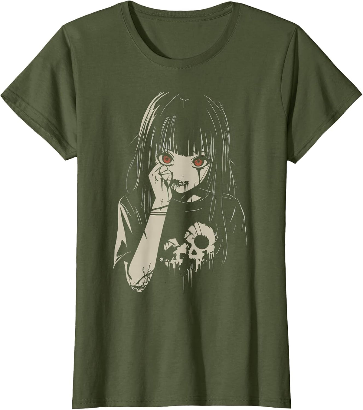 Anime Horror Girl Aesthetic Soft Grunge Waifu Japanese Girl T-Shirt - Olive Green