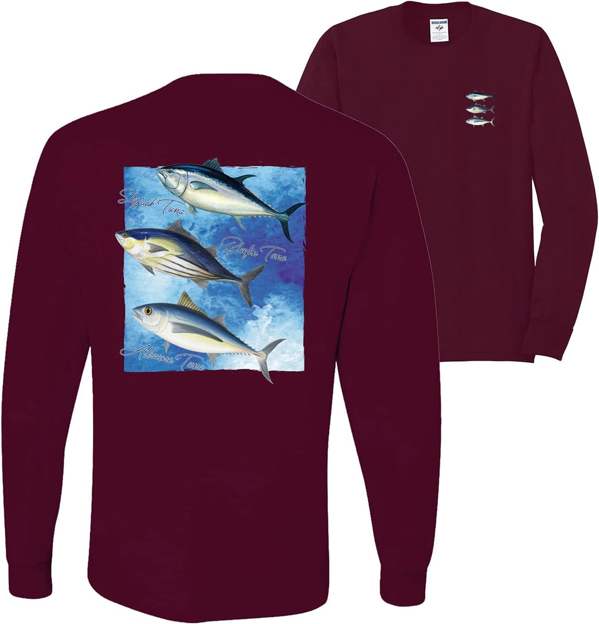Cool Skipjack Bluefin Albacore Tuna Fish Trio Fishing Front and Back Mens Long Sleeve Shirt - Maroon