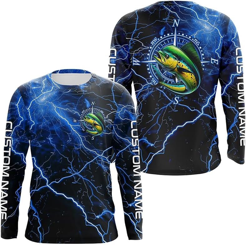 Black and Blue Thunder Lightning Mahi Mahi Fishing Custom Long Sleeve Saltwater Fishing Shirts - Long Sleeves Upf