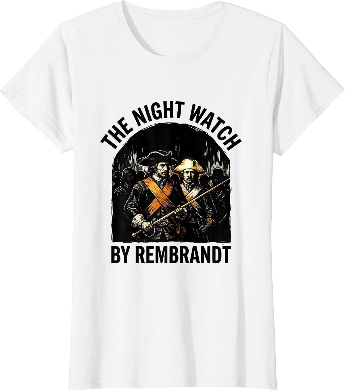 Women's THE NIGHT WATCH BY REMBRANDT Linocut Art Lover Parody T-Shirt - White