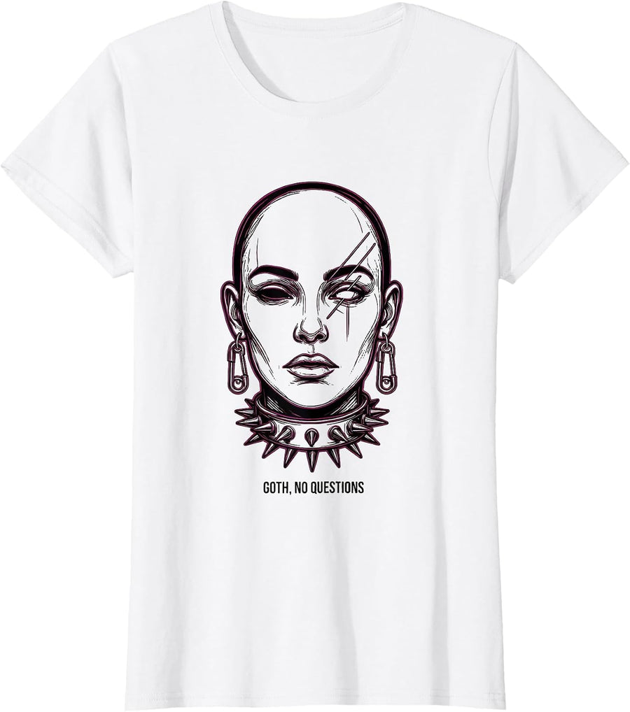 Women's Goth, No Questions Edgy Alt-Grunge Y2K Emo Style T-Shirt - White
