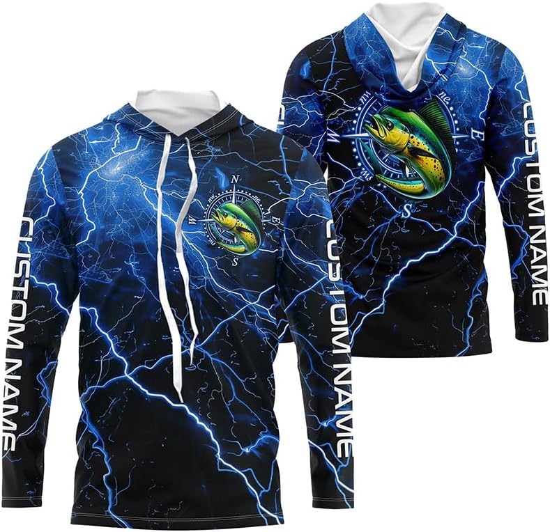 Black and Blue Thunder Lightning Mahi Mahi Fishing Custom Long Sleeve Saltwater Fishing Shirts - Long Sleeves Hooded Upf