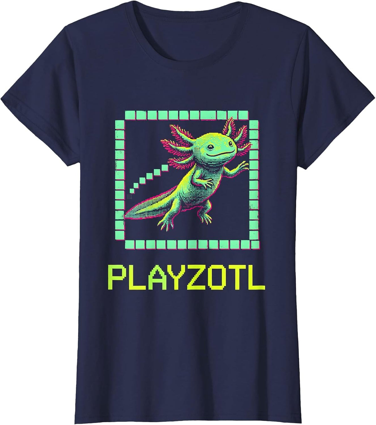 Women's Playzotl Pixel Art Kawaii Axolotl Gamer Kids Gift T-Shirt - Navy Blue