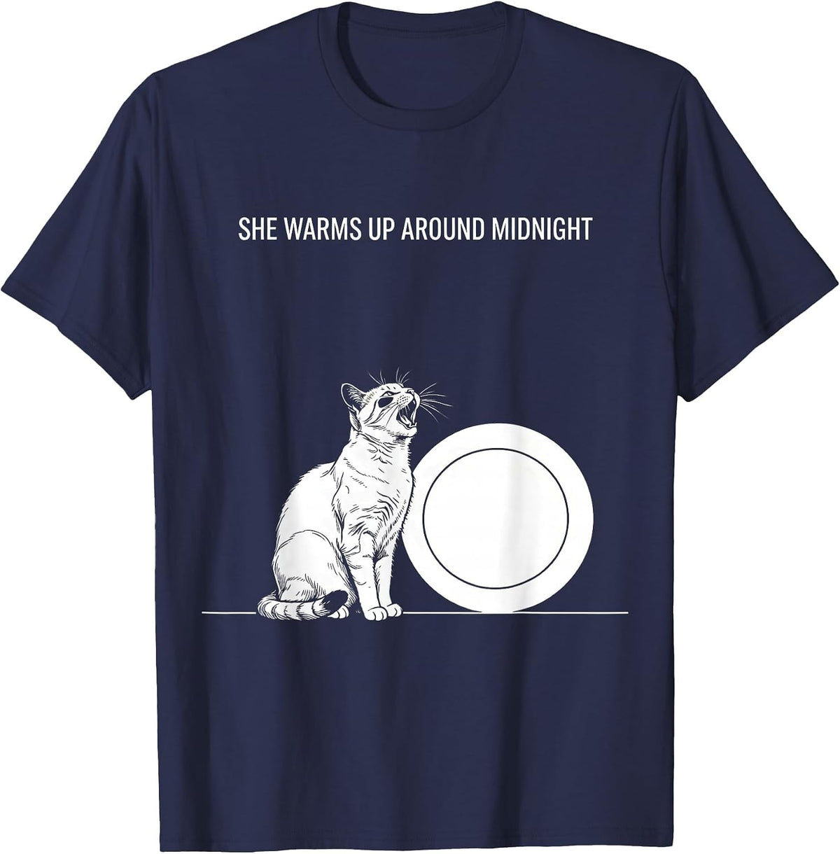 Men's She Warms Up Around Midnight Line Art Cat Howling at Moon T-Shirt - Navy Blue