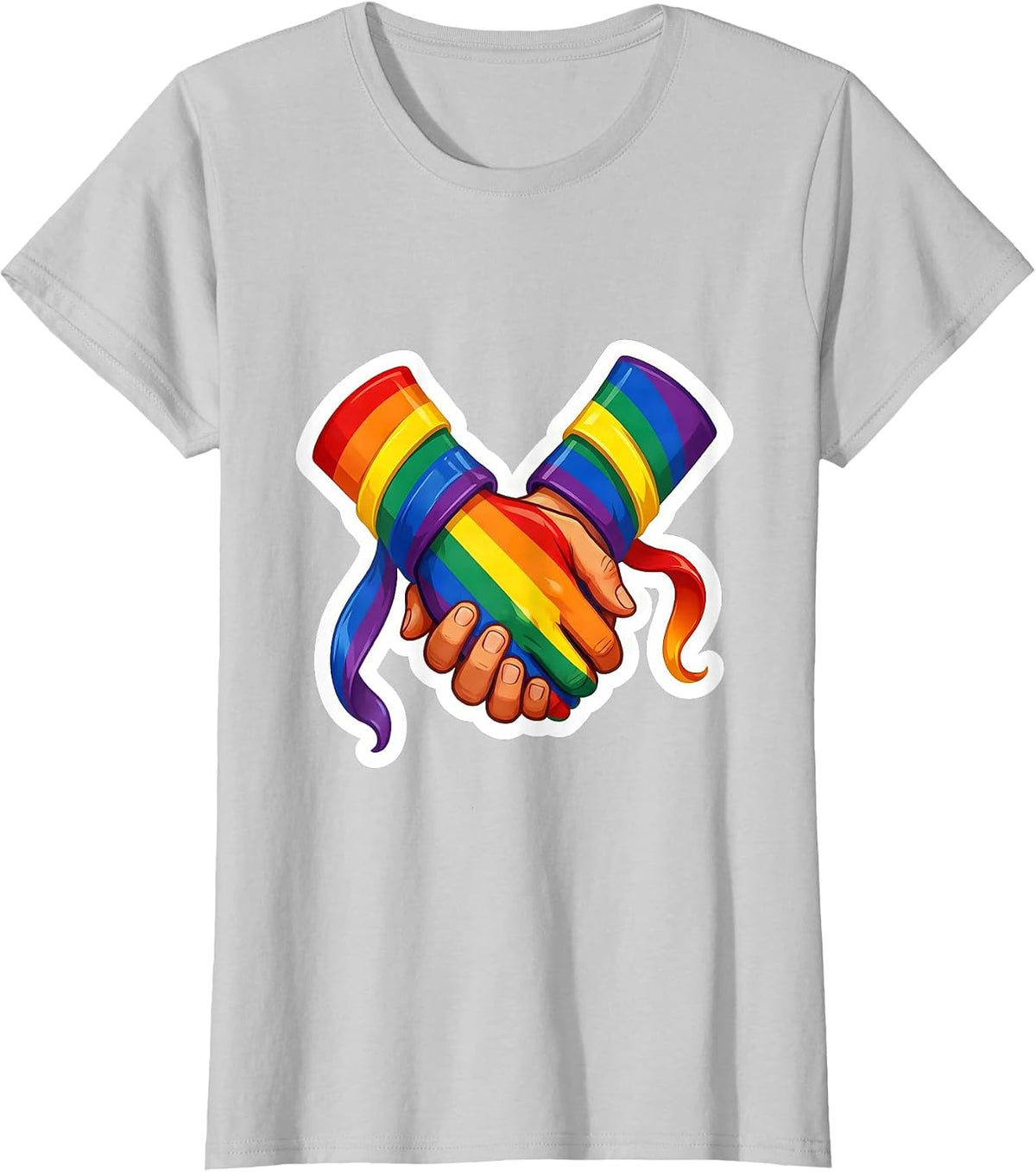 Pride Rainbow Ribbon Clasped Hands Illustration T-Shirt - Silver Grey