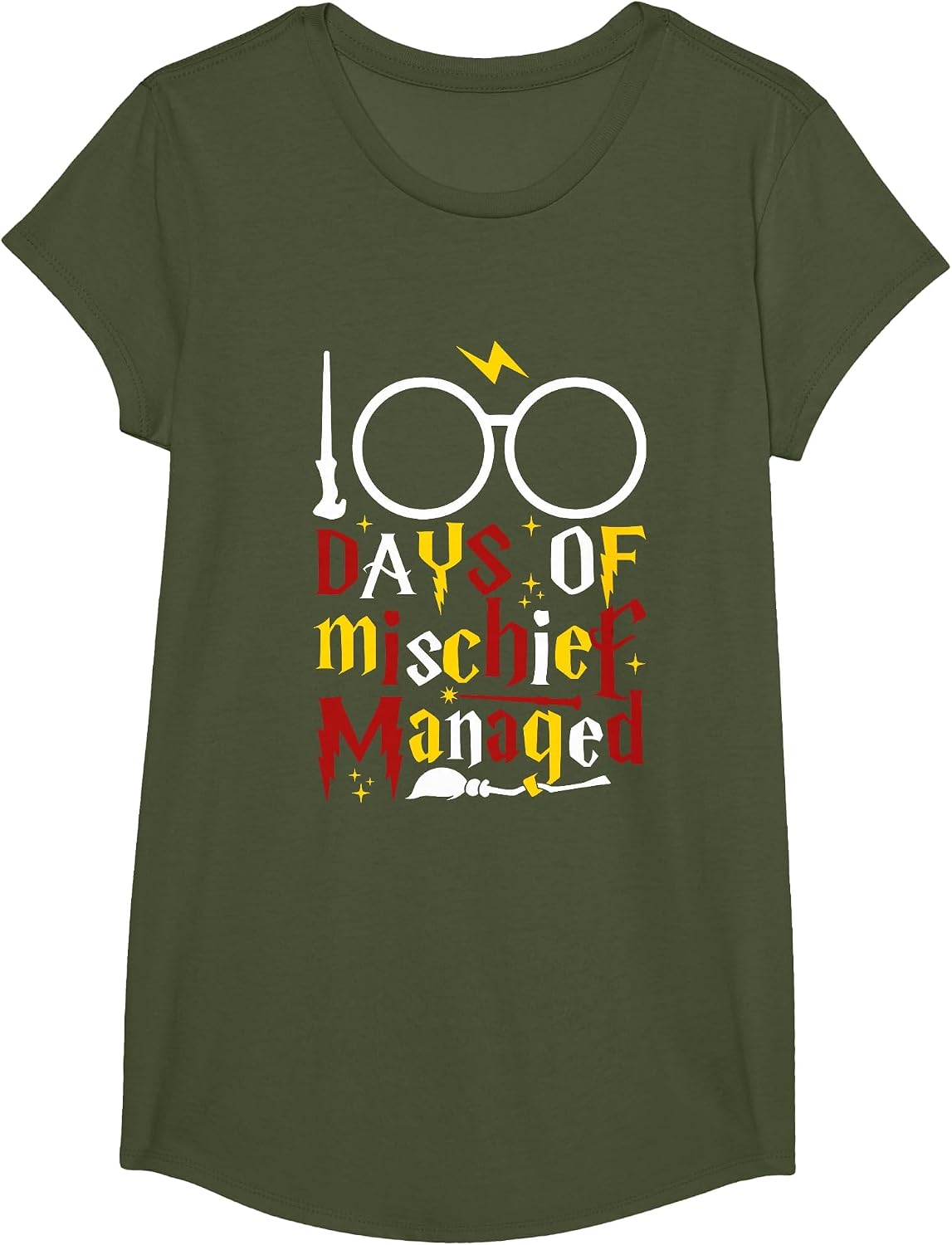 100 Days of Mischief Managed Teacher Kid 100th Day of School T-Shirt - Girls Olive Green