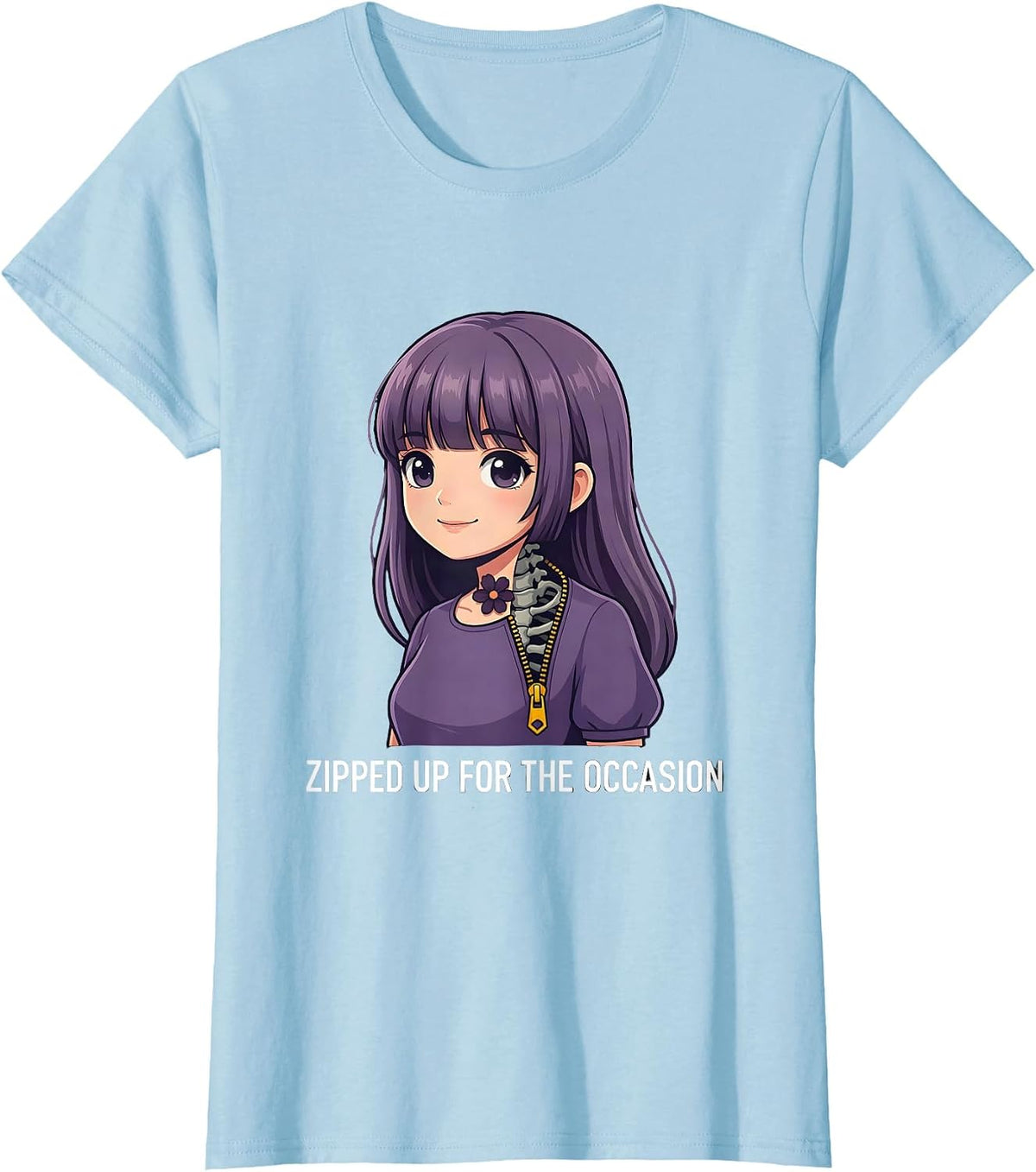 Women's Zipped Up For The Occasion Creepy Kawaii Goth Anime Horror T-Shirt - Baby Blue