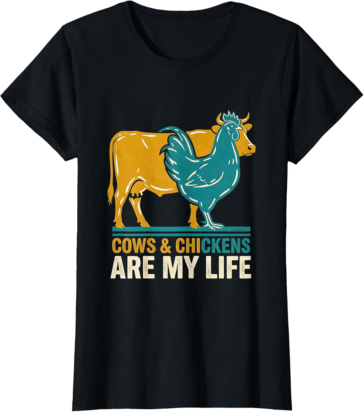 Women's Cows & Chickens Are My Life Midcentury Modern Farm Animal T-Shirt - Black