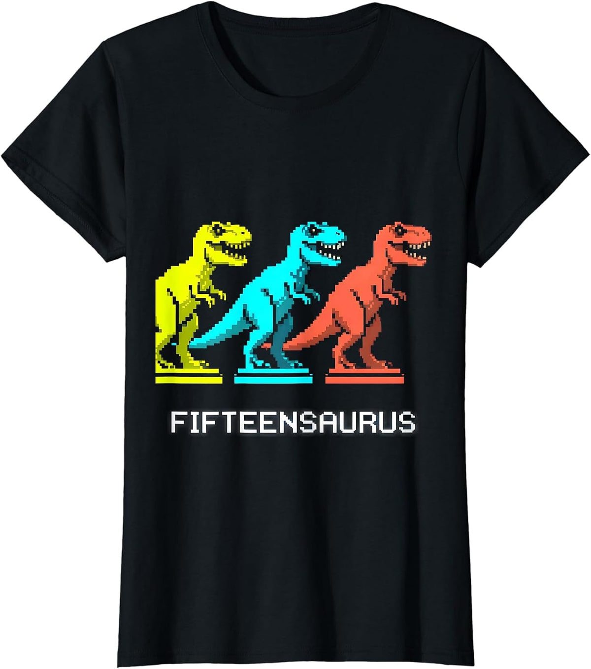 Fifteensaurus Pixel Art Dinosaur Family Humor ABC Learning T-Shirt - Black