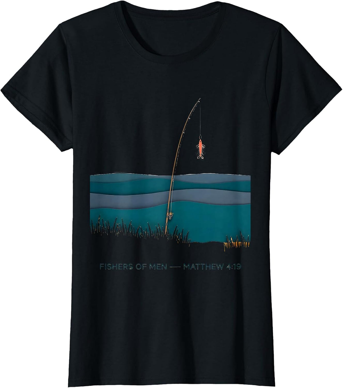 Women's Fishers Of Men Matthew 4:19 Paper Cutout Christian Fishing T-Shirt - Black