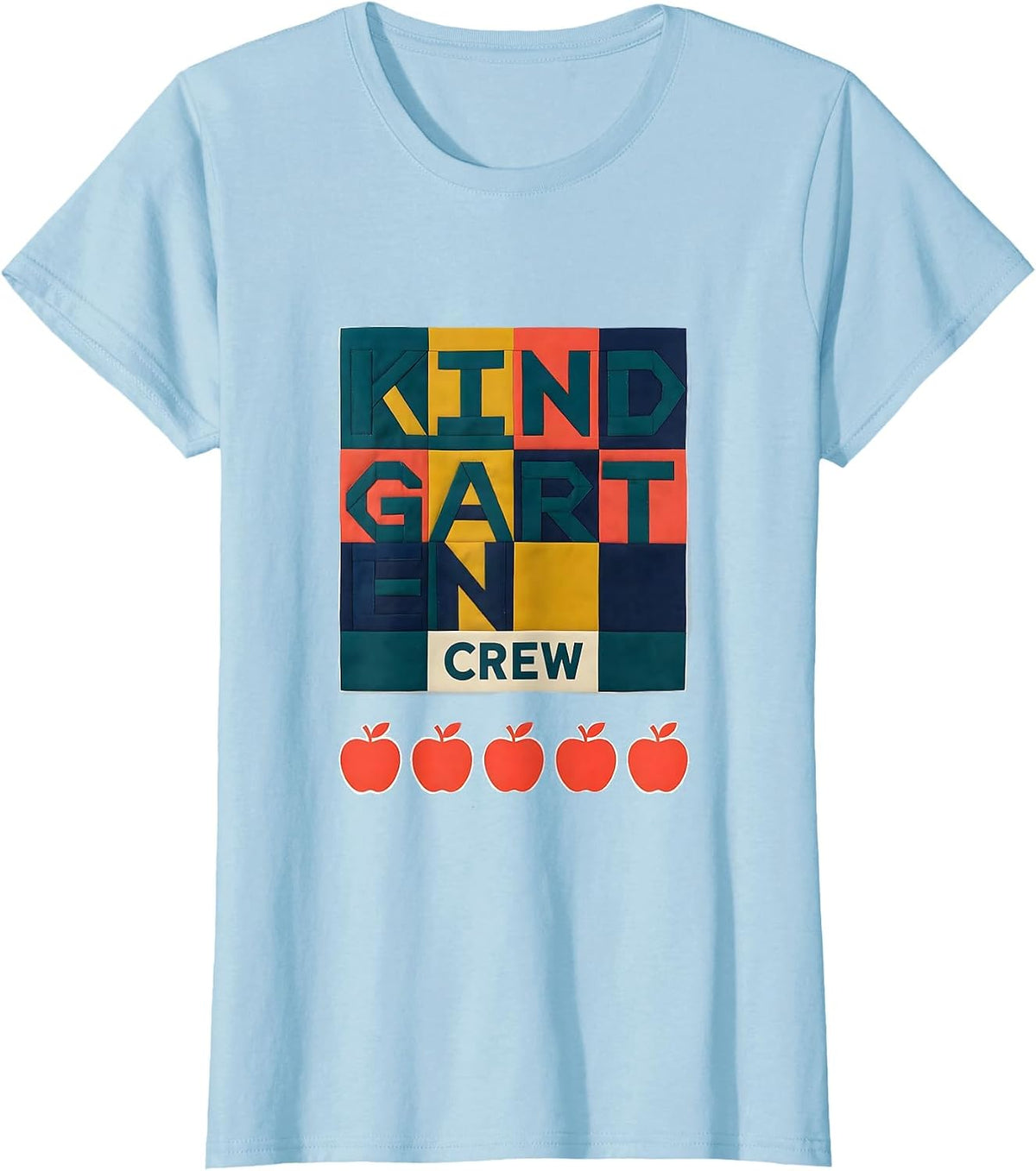 Kindergarten Crew Quilt Patchwork Teacher Student Back T-Shirt - Baby Blue