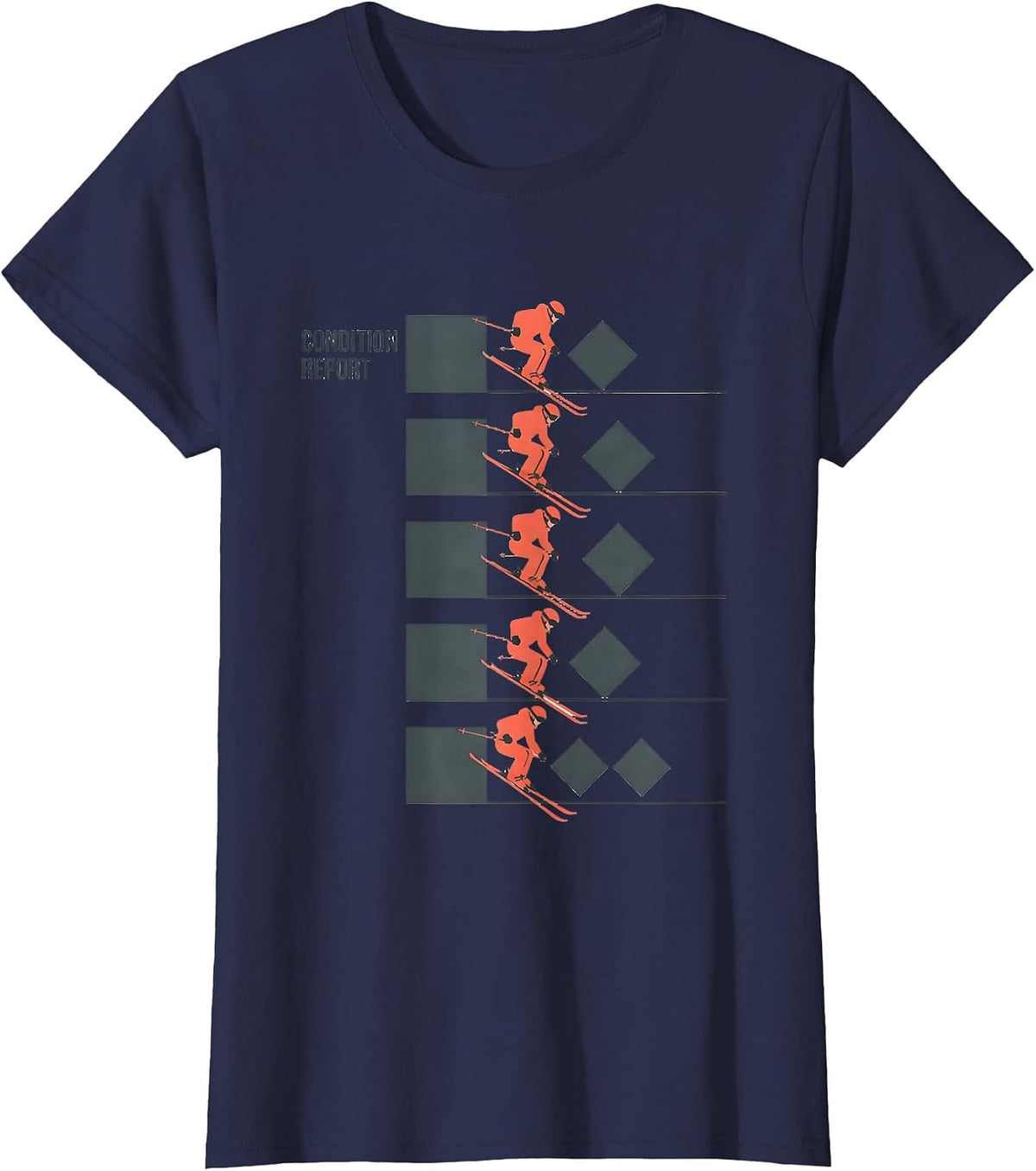 Women's Condition Report Flat Vector Skiing Snowboarder Humor T-Shirt - Navy Blue