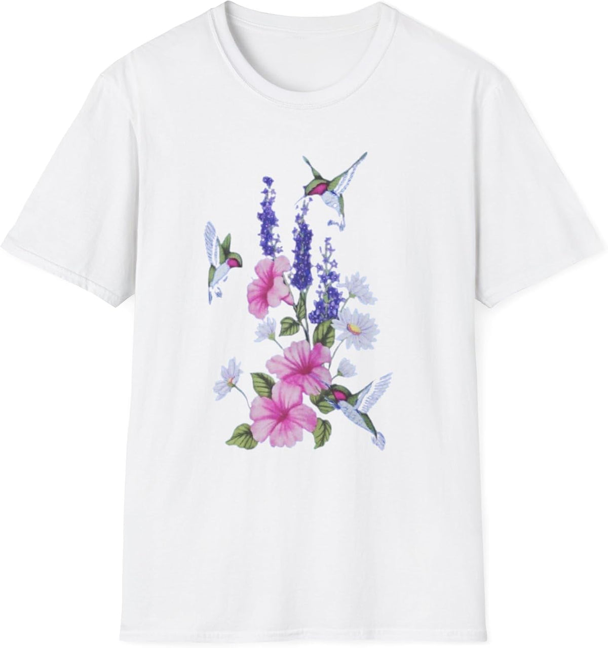 Floral Hummingbird Unisex T-Shirt, Nature Lover Gift, Spring Outfit, Floral Tee, Birthday Present, Casual Wear - White