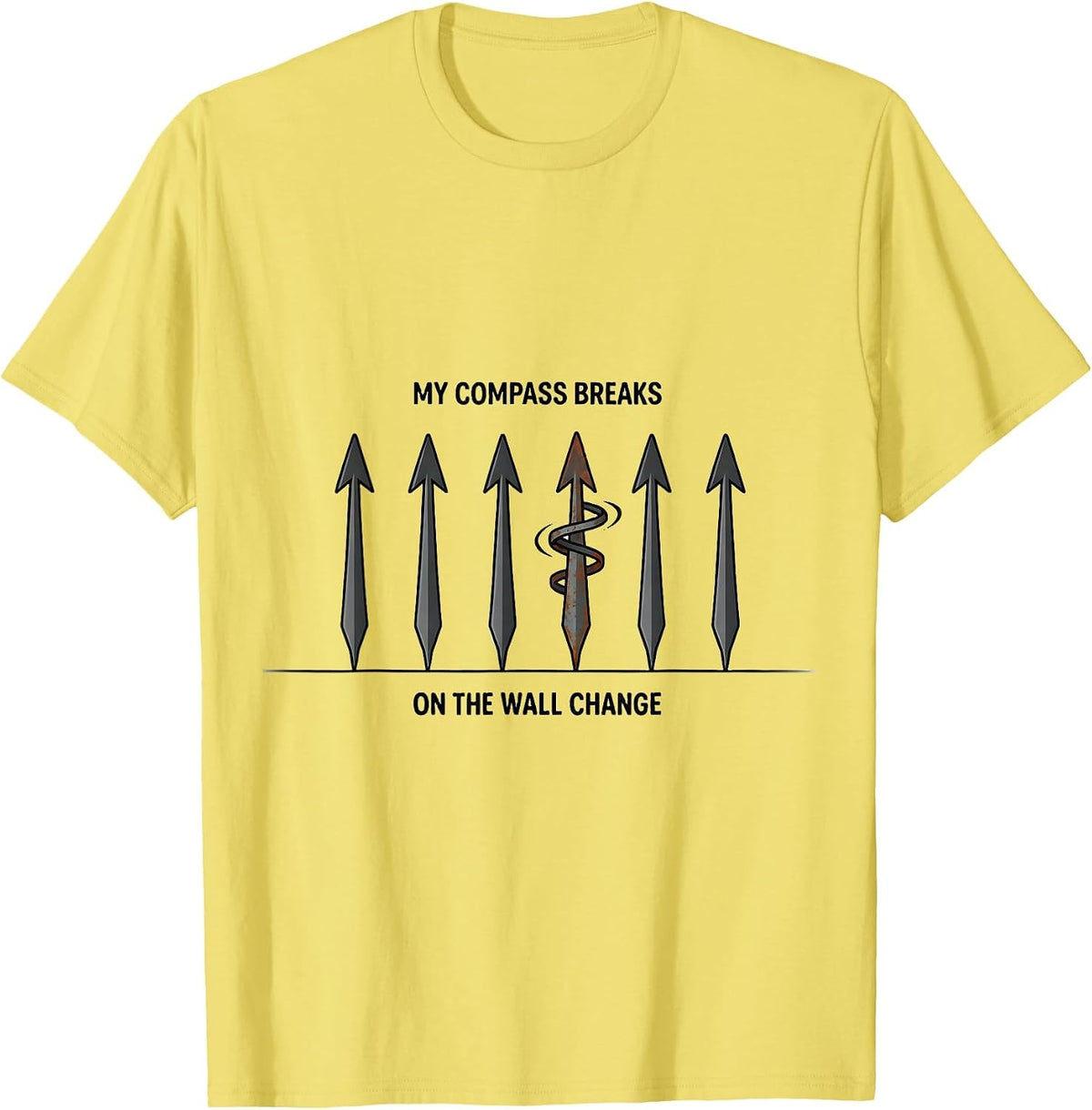 Men's My Compass Breaks On The Wall Change Funny Dance Lover Line T-Shirt - Lemon Yellow