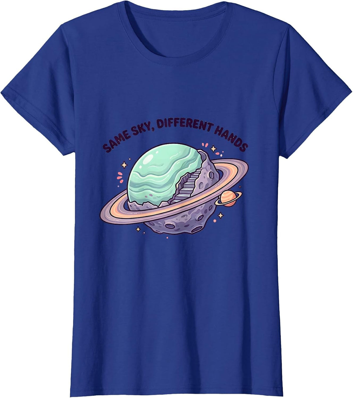 Women's Same Sky Different Hands Cute Kawaii Neurodiverse Universe T-Shirt - Royal Blue