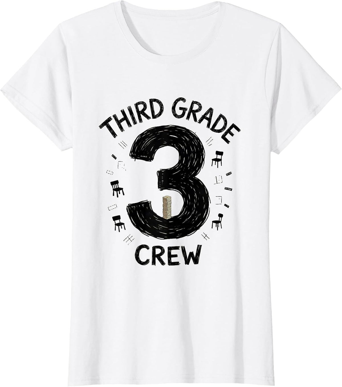 Third Grade Crew Hand-Sketched Teacher Humor Pride T-Shirt - White